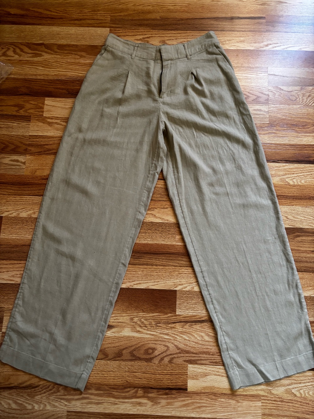 A New Day Light Beige Sage Green Wide Leg Linen Blend Trousers Womens Size 6 Reg